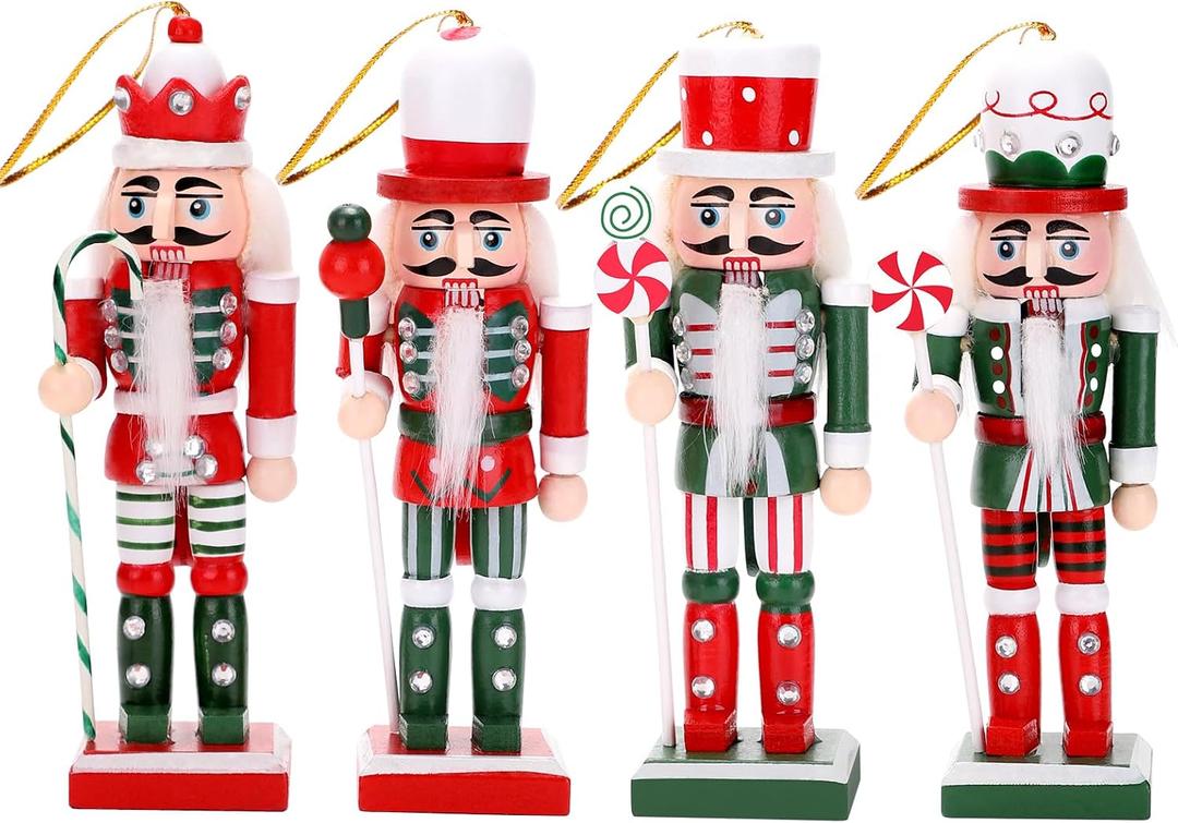 Candy Colored Christmas Nutcracker Ornaments Set - 5 Inch Wooden Nutcracker Soldiers with Hanging Ropes for Xmas Tree & Tabletop Decor, Holiday Party Festive Home Decoration