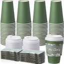 Zopeal 50 Pcs Disposable Coffee Cups Paper Coffee Cup with Lids and Sleeves Hot Cups with Lids Travel Cups with Lids for Beverages Wedding Travel Business Party Supplies (Dark Green,12 oz)