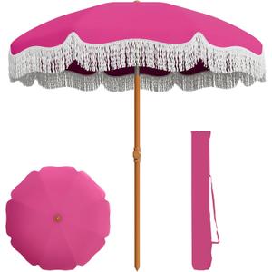 AreShark 7ft Patio Umbrella with Fringe, UPF50+ Beach Umbrella for Table, Pool & Garden, Portable Outdoor Tassels Umbrella w/Fiberglass Ribs&Push Bottom Tilt(Light Pink)