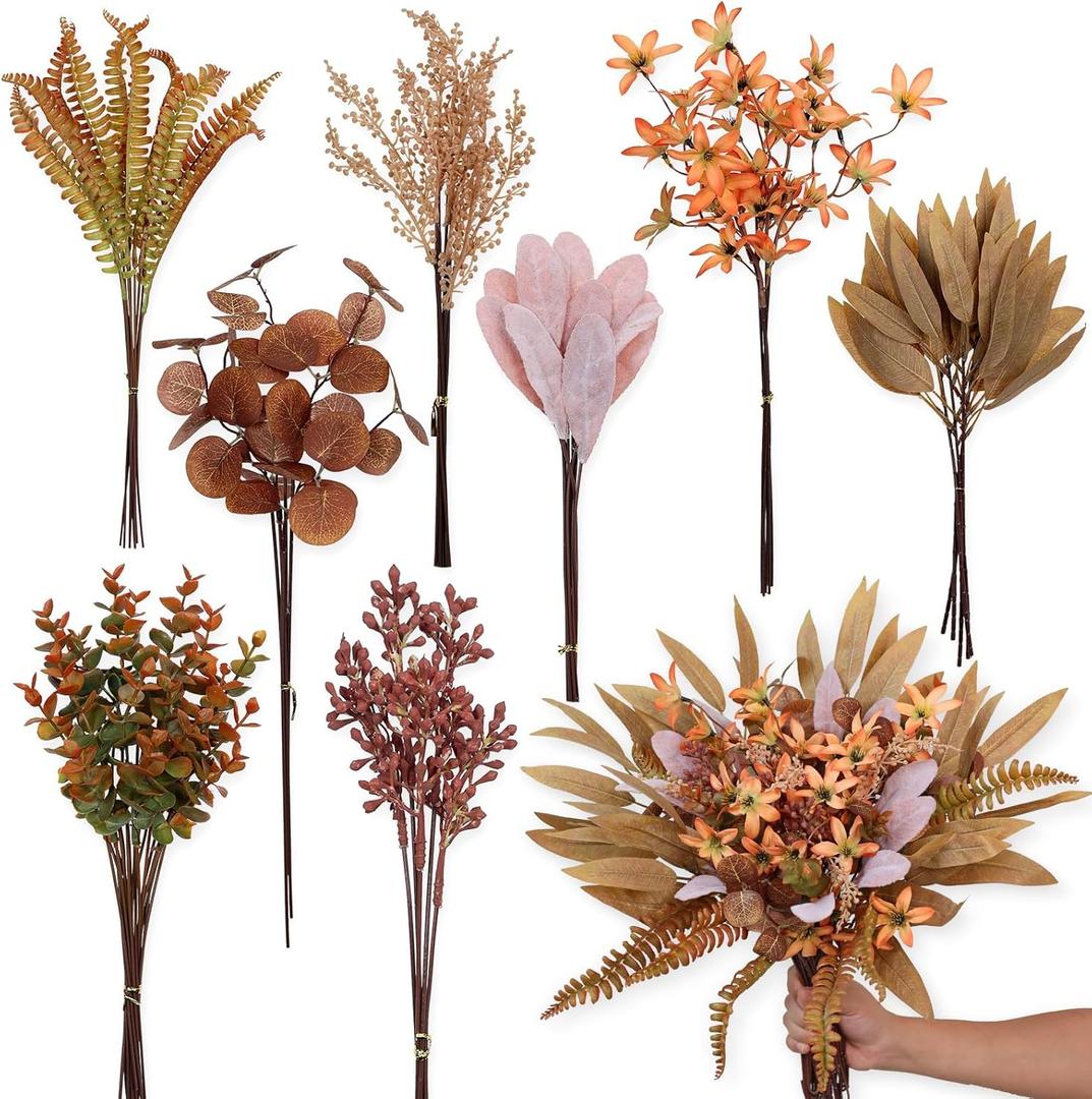 YXZZWL Artificial Greenery Stems Box Set for Fall Decorations70 Pcs with 8 Kinds of Faux Eucalyptus Branches for Autumn Wedding DIY Bouquets Floral Arrangement Table Centerpieces (Brown & Orange)