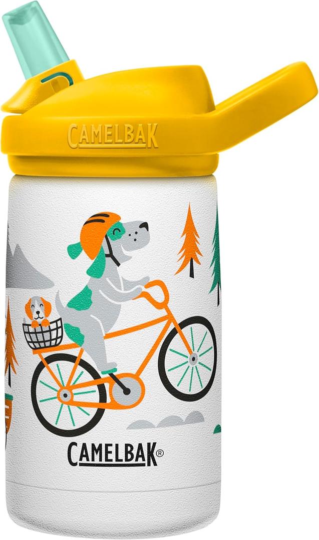 CamelBak Eddy+ Kids Insulated Stainless Steel Water Bottle with Bite Valve Straw, LeakResistant Design for Everyday Hydration, 12oz, Biking Dogs