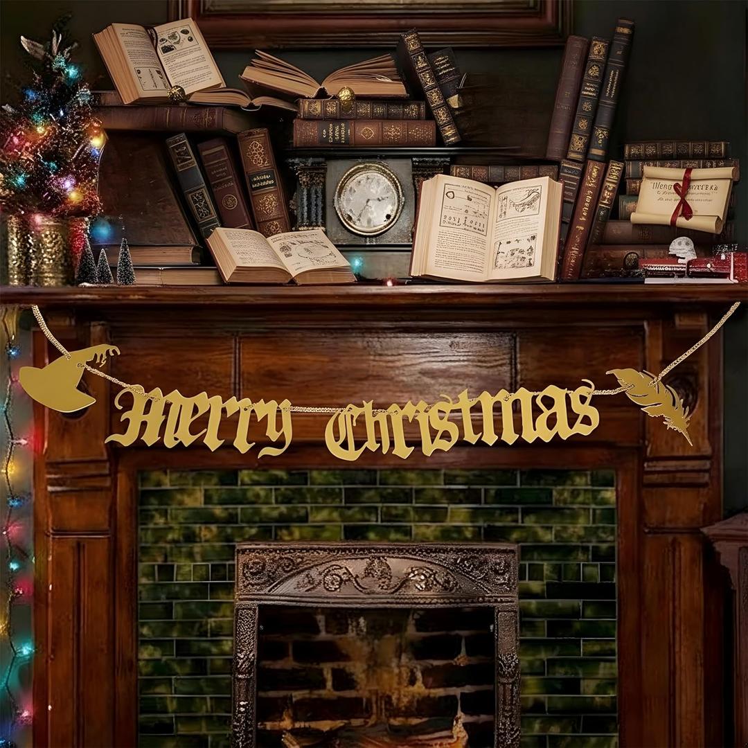 Leinuosen 47'' Magical Wizard Merry Christmas Banner Metal Merry Christmas Garland Sign Vintage Metal Happy Banner Party Decor for Xmas Holiday Birthday Party Supply Indoor Home Office Mantle Decor