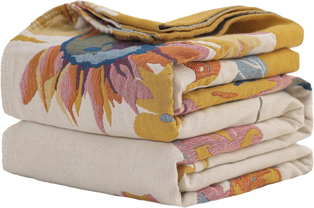 Boho Cotton Throw Blanket 60''x80''- Large Soft All-Season Blanket, Lightweight Blanket with Rustic Floral Design for Bed and Couch, Suitable for Living Room and Farmhouse Decor (Flower-butterfly)
