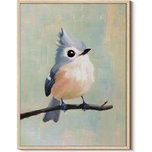 Cute Songbird on Branch Metal Framed Canvas Print Wall Art, 12x16 Bird Illustration with Soft Pastel Tones, Modern Animal Artwork Living Room Farmhouse Scandinavian Bedroom Nursery Office Decor