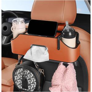 Car Seat Back Organizer with 2 Drink Cup Holder - Tissue Box and Storage Box Hook, Multi-Functional Auto Storage for Family Adventures, Car Accessory Headrest Organizer (Beige)