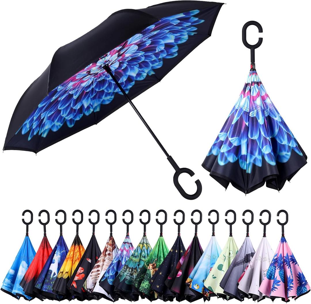 Inverted Reverse Umbrella with C-shaped Handle Windproof Upside Down Umbrellas for Rain Double Layer Hands Free Umbrella for Women and Men (Sapphire) (Sapphire-1)