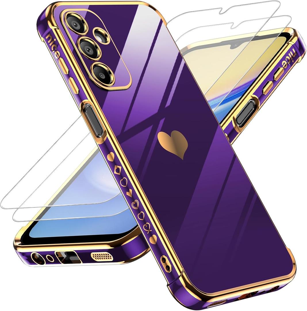 LeYi for Samsung Galaxy A15 5G Case: with Tempered Glass Screen Protector [2 Pcs]+ Full Camera Lens Protection,Love Heart Plating Girly Cute Luxury Shockproof Case, Cute Present for Mom, Dark Purple