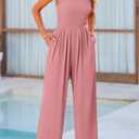 PRETTYGARDEN Womens Summer Jumpsuits Dressy Casual One Piece Outfits Sleeveless Mock Neck Wide Leg Pants Rompers with Pockets (Pink, S)