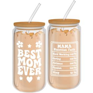 Denylo pro Best Gifts for Mama 16 Oz Can Coffee Glass Cup with Bamboo Lid and Straw Mothers Day Drinking Tumbler for Women Wife Mom Grandma