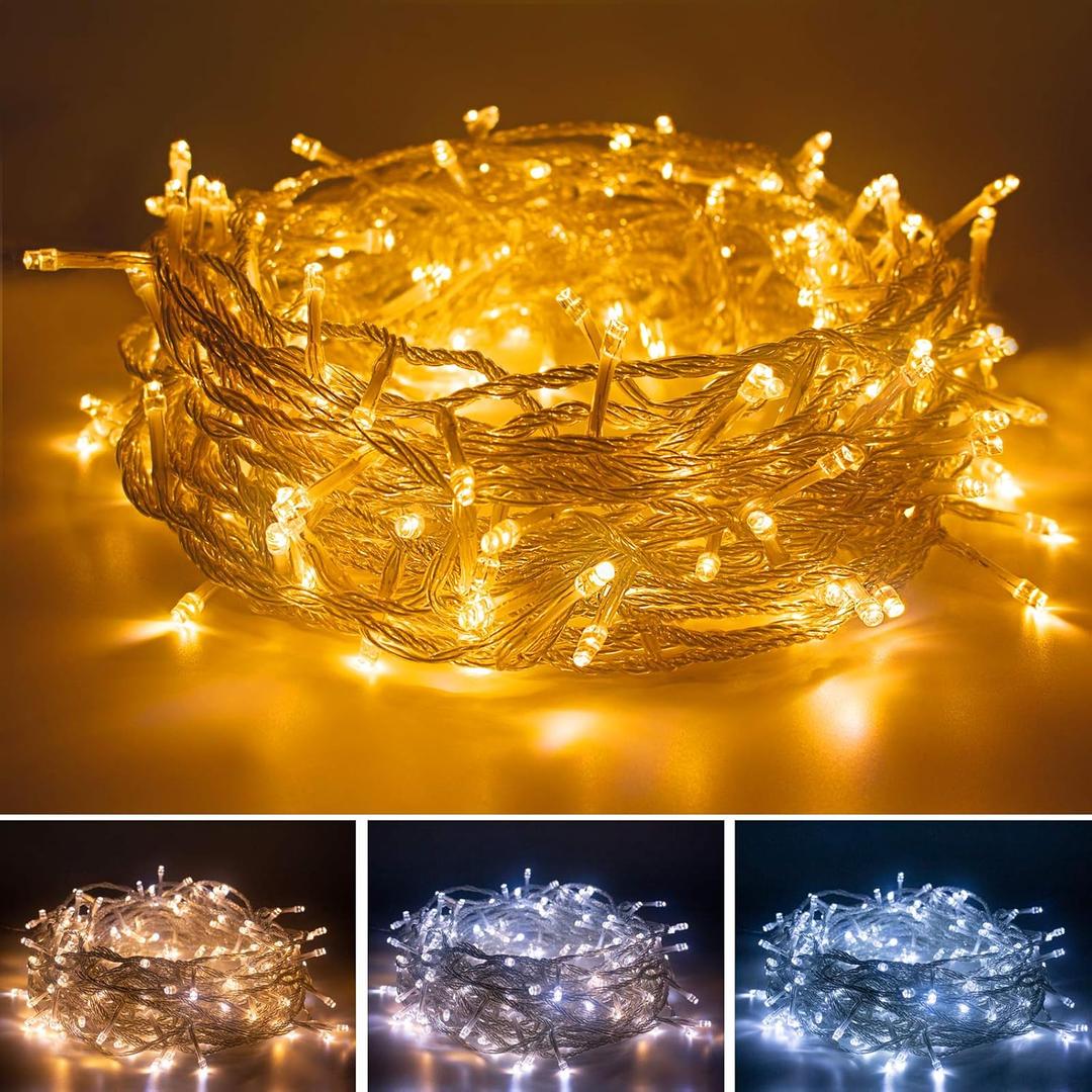 AWQ 66FT 200 LED Christmas String Lights Fairy String Lights Plug in 11 Modes Timer Function Waterproof Extendable with Remote Control for Indoor Outdoor Wedding Party Christmas Decor(Warm & White)