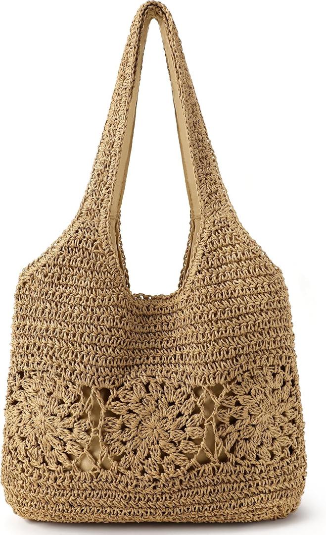 Beach Bag, Straw Beach Bags for Women, Floral Designed Beach Tote Lightweight Foldable Straw Bag