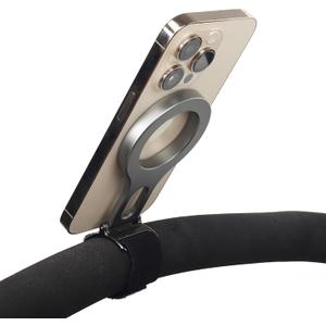 Magnetic Phone Holder for Bar, Stroller, Shopping Cart, [Strong Magnet] 180 Adjustable for Gym, Home Fitness Bikes with Adjustable Strap, All Phone (Magnetic Ring Included) (Silver Gray)