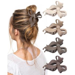 4 PCS Bow Hair Clips Bow Claw Clip for Women, Large Hair Claw Clips for Thin Thick Long Hair Cute Nonslip Bows (Dark khaki+light khaki+Dark Brown+Beige)