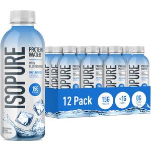 Isopure Clear Protein Water with Electrolytes, 15g Whey Protein Isolate, Zero Sugar, Unflavored, 20 fl oz Bottles, 12-Pack (EXP 08/13/26)