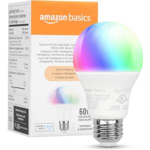 Amazon Basics Smart A19 LED Light Bulb, Color Changing, 9W (60W Equivalent), 800LM, Works with Alexa Only, WiFi 2.4 GHz, No Hub Required, Mood Lighting, Energy Efficient, 1-Pack