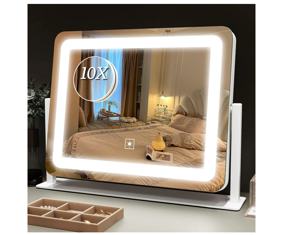 ROLOVE Vanity Mirror with Lights 15"x12", Lighted Makeup Mirror with 10X Magnification, 3 Color Lighting & Dimmable Brightness, Light Up Mirror for Desk, Bedroom, Bathroom
