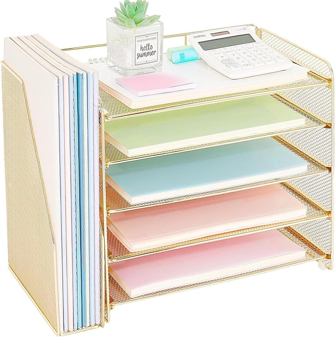 OPNICE Desk Organizer, 5-Tier Paper Organizer Letter Tray with Magazine Holder, Office Desk Accessories & Workspace Organizers, Desktop File Organizer for Office Supplies Storage, Gold (15.5" x 9" x 10.3")