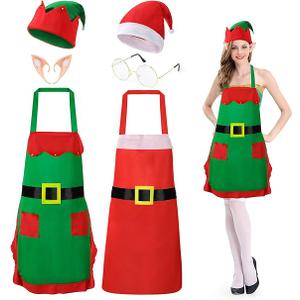 Christmas Elf Costume Christmas Apron Elf Apron Hat Ears Santa Glasses Women Men Xmas Party (Pair of 12 Hats and Aprons)