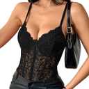 Lilosy Sexy Mesh Sheer Floral Lace Corset Lingerie Bodysuit Bustier Cami Top (Large, Black)