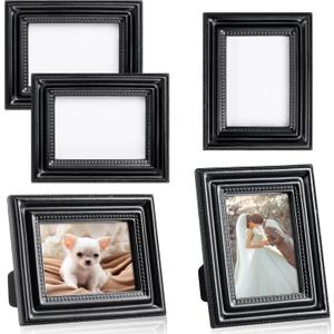 Qunclay 5 Small Frame Pack, Gold Black White Mini Vintage Frames, 2.5x3.5 Wallet Size Tiny Antique Picture Ornate for Wall Hanging Tabletop Art Display Retro Wedding Home Decor (Black,Classic)