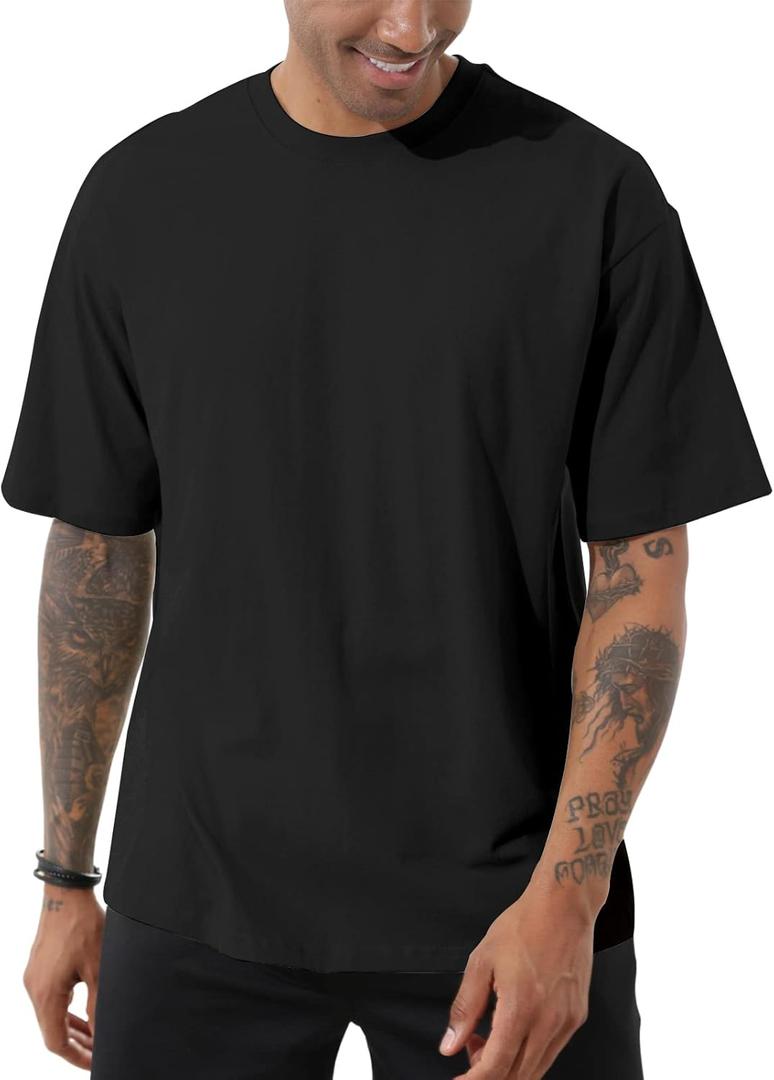 Men's Cotton Oversized T-Shirts Casual Loose Short Sleeve Crew Neck Basic Tops Solid Athletic Tee (XX-Large, Black)