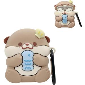 Case Compatible with Airpods 1 & 2, 3D Cute Kawaii Baby Otter Design Keychain Case Cover, Portable Earbuds Accessories Soft Silicone Shockproof Wireless Earphone Protector with Hook