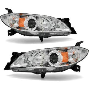 Headlight Assembly Pair for 2004-2009 Mazda 3 4DR Sedan Projector Chrome Housing Amber Reflector Left Right W/O Bulbs (Not Fit HID/Hatchback)