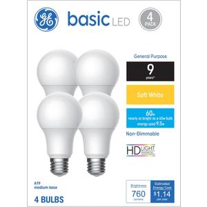 GE Basic Light Bulbs, 60 Watt, Soft White, A19 (4 Pack)
