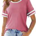 SHEWIN Women's Fashion Casual Crewneck Color Block T Shirts Short Sleeve Summer Tops Tees Slim Fit