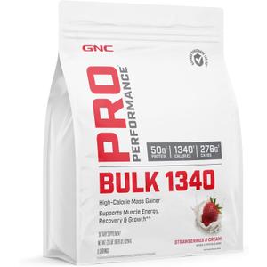 GNC Pro Performance Bulk 1340 Mass Gainer Protein Powder, 50g, Gluten Free, Whey, Creatine, BCAA, 3rd Party Tested, Muscle Recovery & Growth, Micronutrients, Strawberries and Cream, 9 Servings, EXP 05/2026