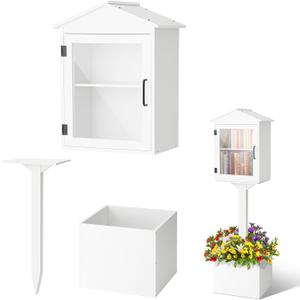 Wonderjune Little Library Box Outdoor, Durable Weatherproof Solid Wood Book Exchange Box with Floor Plugs and Small Flower Fence for Community, Literature, School Sharing Book(White, Steepletop)