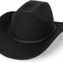 Women Men Classic-Western-Cowboy-Hat - Wide Brim Western Cowboy Cowgirl Hat Fedora Hats(Size:M) (Black)