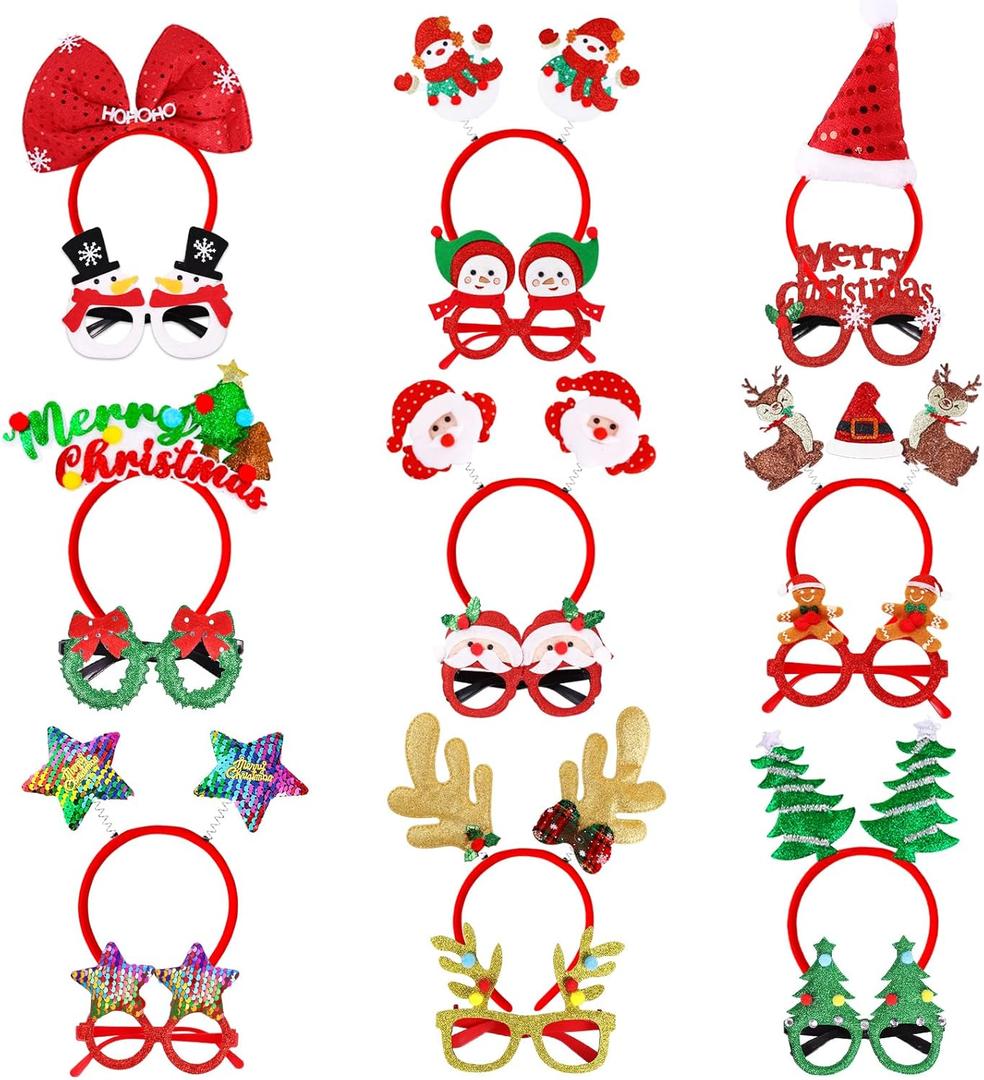 MGparty Christmas Photo Booth Props Headbands and Glasses,18 Pack Christmas Accessories Set with Funny Reindeer Santa Snowman Glasses & Head Boppers for Kids Adults Family Holiday Party Favors