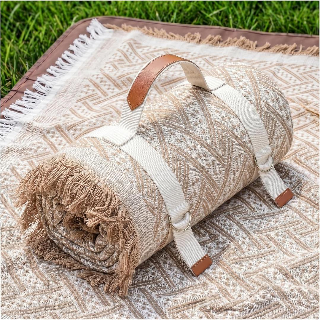 Genovega 2 in 1 Extra Large Rug Outdoor Picnic Blanket Waterproof Woven Boho Mat Giant Beach Towel Travel Essential Yoga Accessories Park Patio Lawn Garden Ground Music Festival Concert Must Have (80"x80", Brown)