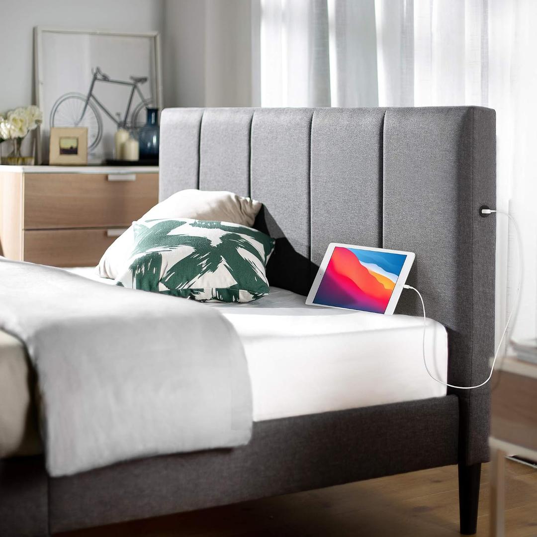 Zinus Maddon Upholstered Platform Bed Frame with USB Ports, Mattress Foundation, Wood Slat Support, No Box Spring Needed, Easy Assembly, Grey, Queen