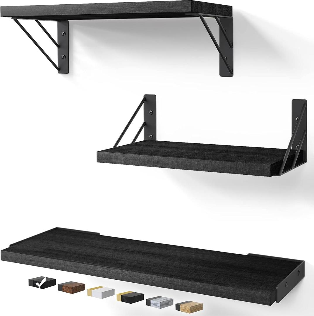 BAYKA Wall Shelves for Bedroom Decor, Floating Wall Shelves for Living Room Kitchen Storage, Wall Mounted Rustic Wood Floating Shelves for Kids Books, Corner Shelves for Bathroom, Office (3-Piece Set, Black)