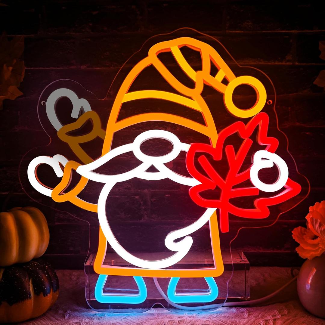 Flashing Gnomes Neon Sign Dimmable for Thanksgiving Neon Sign for wall decor Maple Leaf Neon Light for Hello Fall Led Sign Thanksgiving Bedroom Kids Room Bar Club Decoration Gift.