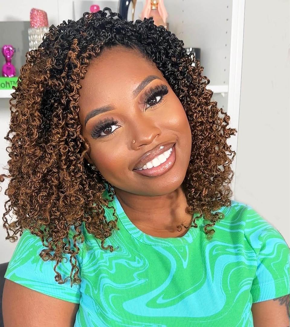 Aksice 10 Inch Yanky Twist Crochet Hair Pre-looped 8 Packs Ombre Brown Spring Twists Hair Senegalese Twist Crochet Hair with Curly Ends Synthetic Crochet Braids (1B/30#)