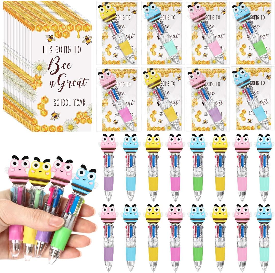 Sayglossy 24 Sets Bee Party Favor Pens Gifs Bulk, 4-in-1 Multicolor Ballpoint Pen with Positive Cards for Teacher Coworker Employee Appreciation Gifts