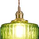 Single Glass Pendant Light Green Striped Glass Shade Brushed Brass Gold Pendant Lights Fixture Farmhouse 1-Light Vintage Industrial Ceiling Hanging Light for Dining Room Kitchen Island