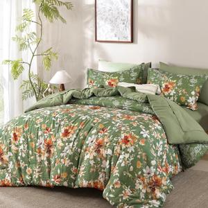 Dobuyly Floral Comforter Set King Size, 7 Piece Green Bedding Comforter Set, Bed in a Bag Botanical Flower Pattern with Sheets, Pillowcases & Shams All Season