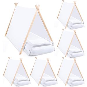 6 Set Kid Teepee Tent, Inflatable Airbed Fitted Sheet and Bed Tray Table with Folding Leg Toddler Play Tent White Washable Foldable Tent for Boy Girl Indoor Outdoor Slumber Sleepover Party