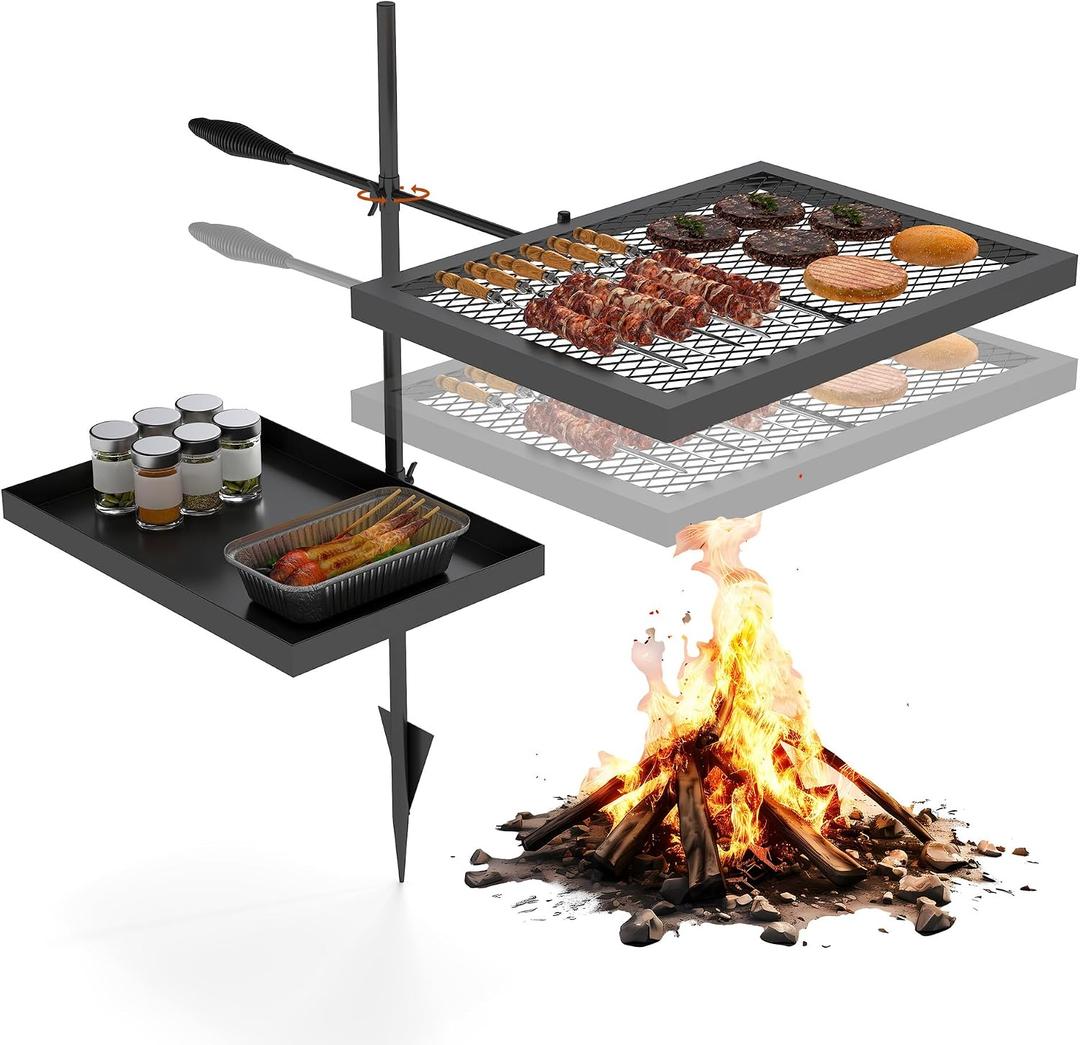ABSCONDO Height-Adjustable Campfire Grill grate, Swivel Fire Pit Grilling Grate, Heavy Duty Portable Over Fire Cooking Grate with Handbag for Outdoor Camping Hiking Backpacking and Family Gatherings