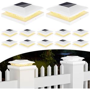 12 Pack 5x5 Fence Post Solar Lights - Outdoor Waterproof White Solar Post Cap Lights for 5.5x5.5 Vinyl Posts for Deck/Yard/Stair Lighting