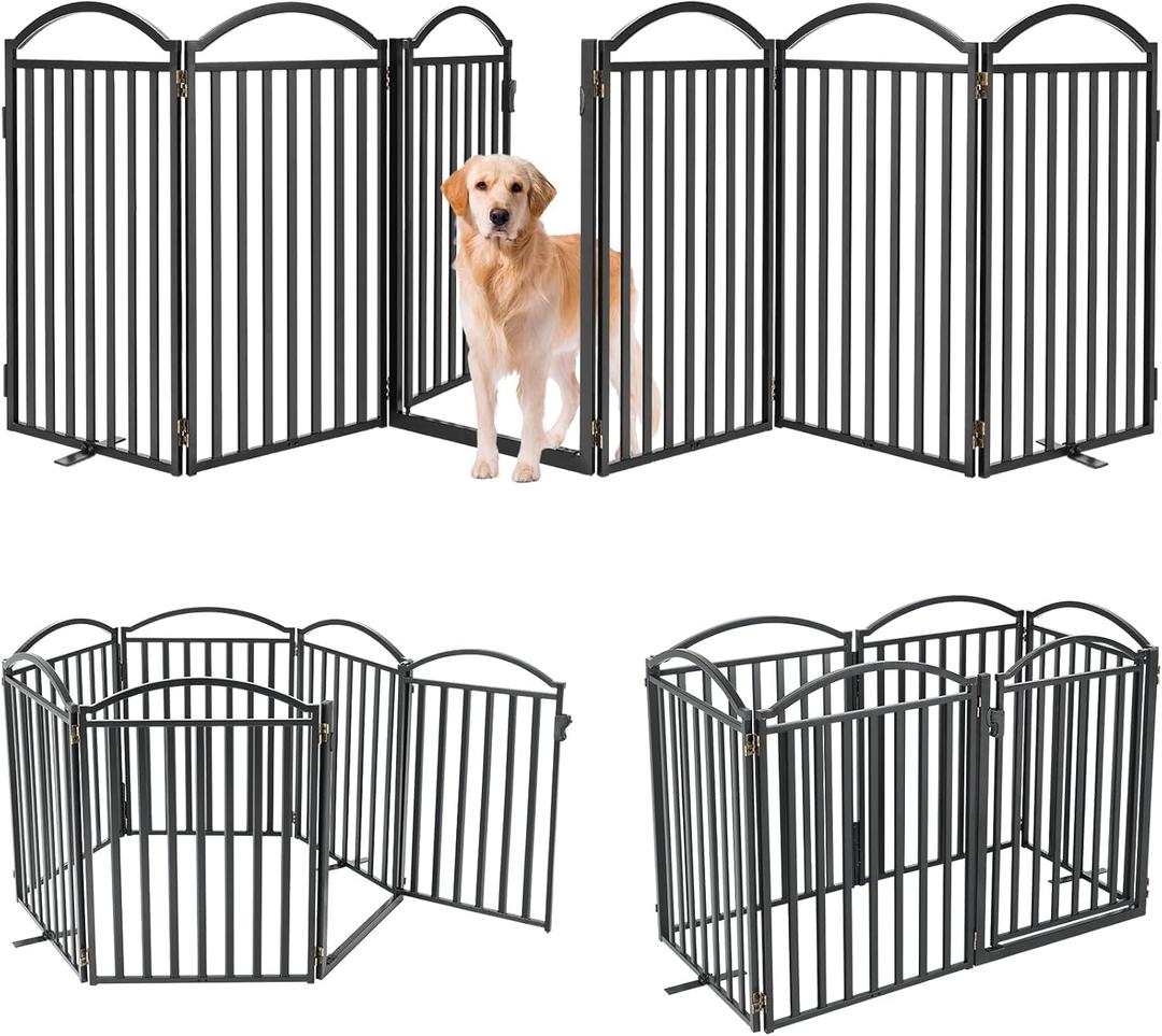 Malier Metal Freestanding Dog Gates with Door, 32'' Height Outdoor Indoor Dog Fences, Extra Wide Foldable Puppy Gate Free Standind Tall Pet Gate for Stairs, Hallways, Doorways, Yard (Black 6 Panels) (6 Panels with Door144''W  32''H)
