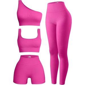 4 Piece Workout Sets For Women Ribbed Leggings Clothes Yoga Sets Active Wear Matching Work Out Sets Gym Pilates Outfits (Medium, Pink)