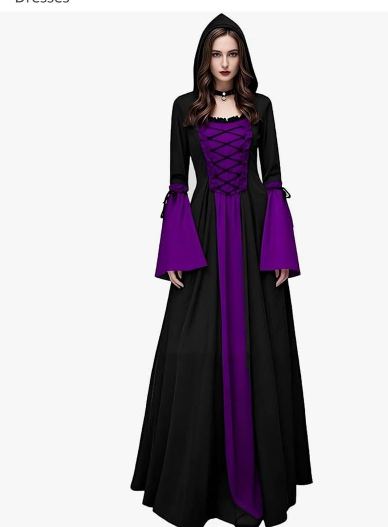 Womens Gothic Witch Dress, Halloween Lace Up Hooded Costume Medieval Vampire Sorceress Cosplay Dresses Medium