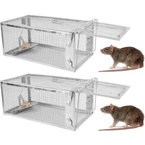 TeqHome Humane Rat Trap, 2 Pack Small 1-Door Live Chipmunk Trap That Work for Indoor and Outdoor, Easy to Catch and Release Live Animal Traps Mouse Cage Traps Reusable for Rodents Mice Voles Hamsters