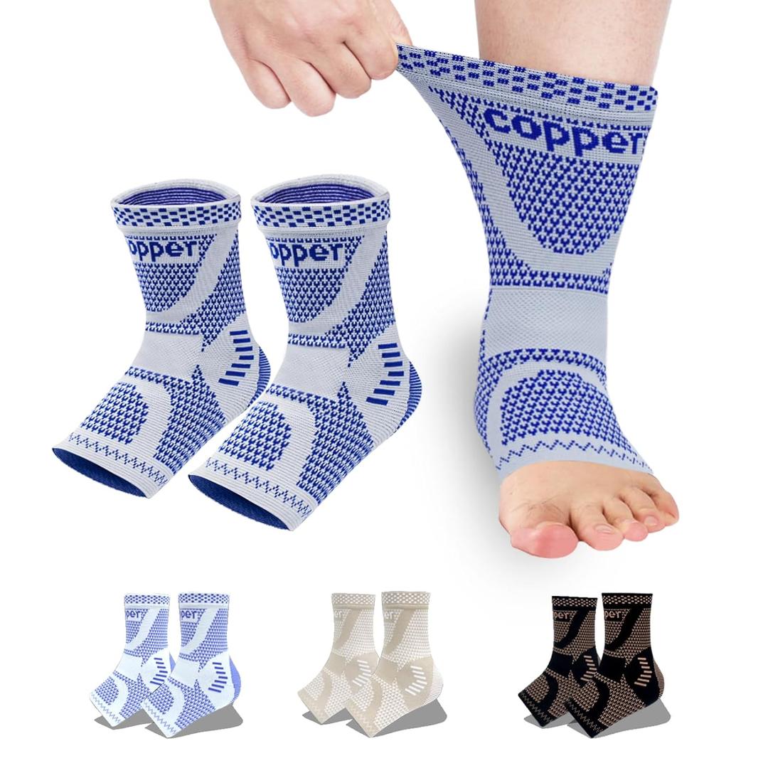 Copper Ankle Brace, Copper Infused Ankle Support Compression Sleeve for Men & Women, for Foot Pain Relief, Sprained Recovery, Achilles Tendonitis, Daytime or Night Use (Blue, Medium)