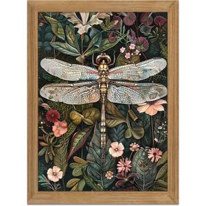 Framed Vintage 3D Textured Wall Art - Dark Green Dragonfly Flowers Wall Decor - Hand Drawn Sandstone Nature Botanical Pictures for Living Room Bedroom Home Decor 16x24in (24L" x 16W")